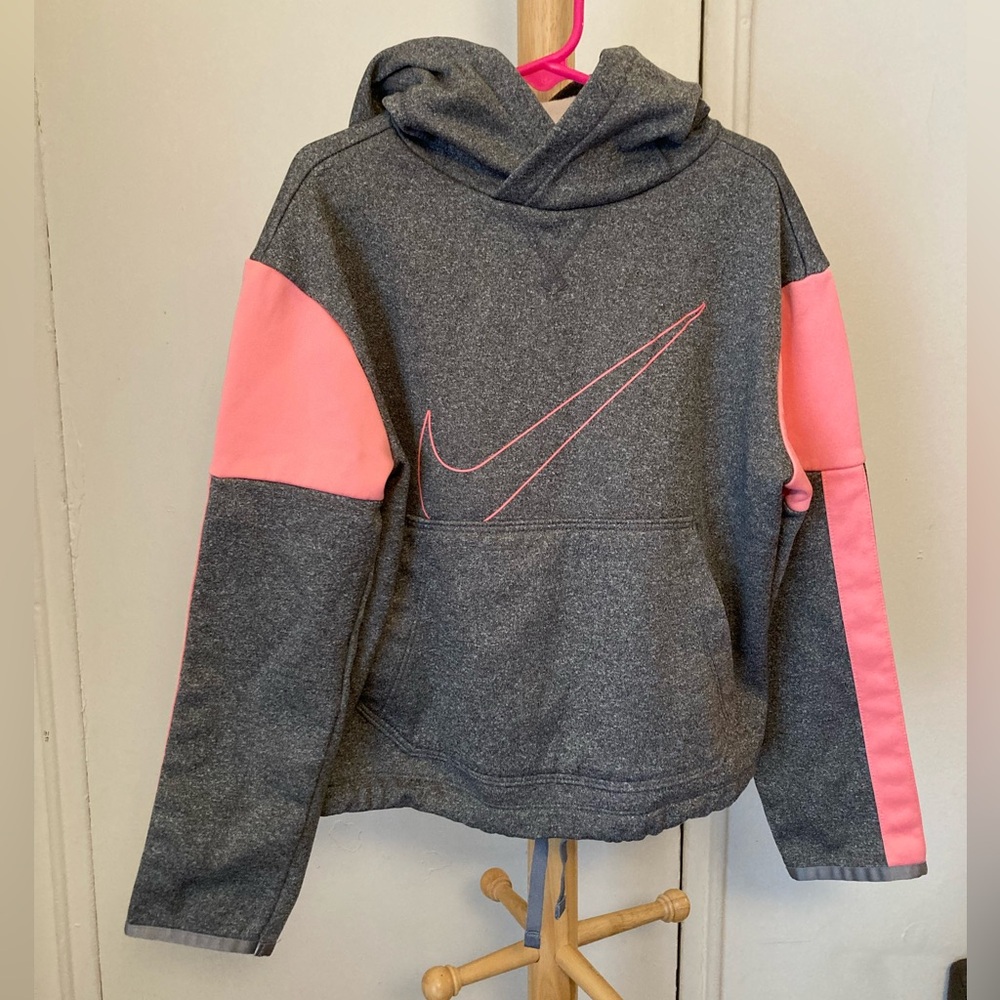 Nike Dri Fit Kids Heathered Gray and Pink Nike Swoosh Light Fleece Lined Hoodie